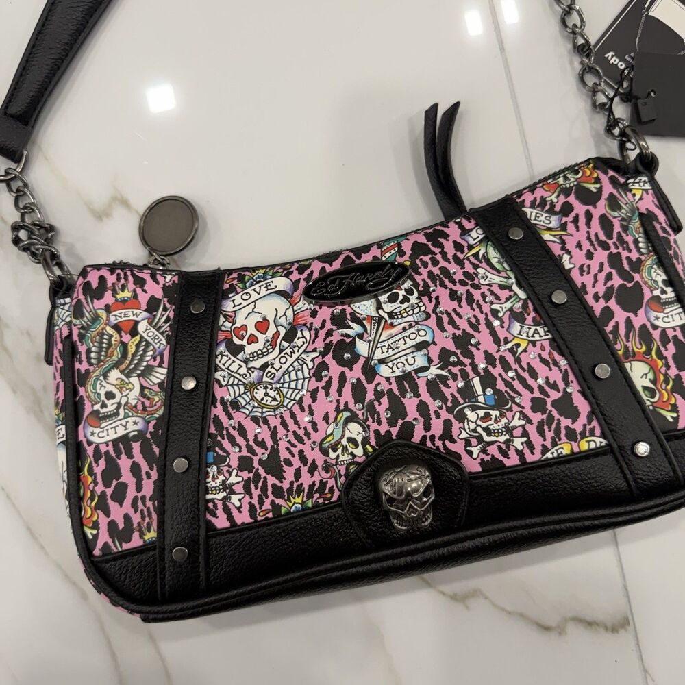 Ed Hardy pink leopard skull studded shoulder bag zip w/ detachable strap - Picture 4 of 5